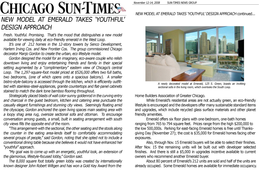 November 12, 2008 - Emerald Takes A Youthful Design Chicago-Sun Times, Today's New Homes