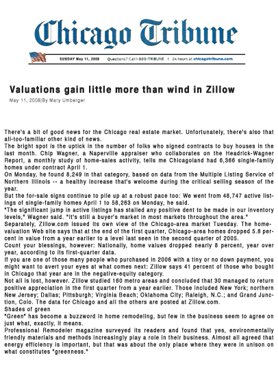 May 11, 2008 - Valuations Gain Little More Than Wind In Zillow Chicago Tribune