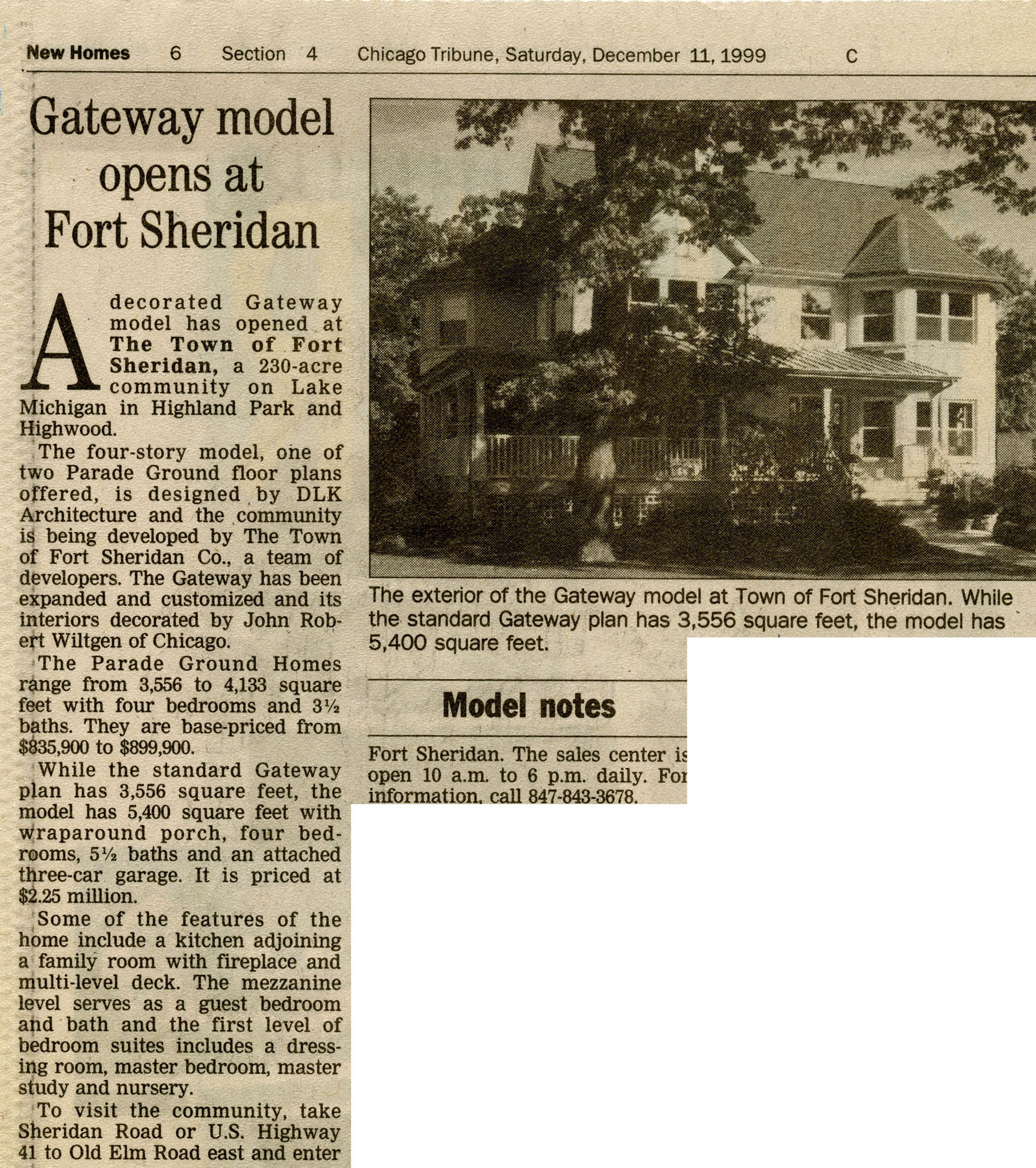 dec11,99 Chicago tribune- Gateway Model Opens at Fort Sheridan